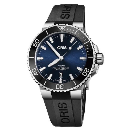 Oris豪利時Aquis時間之海潛水300米日期機械錶藍x黑色膠帶43.5mm0173377304135-0742464EB