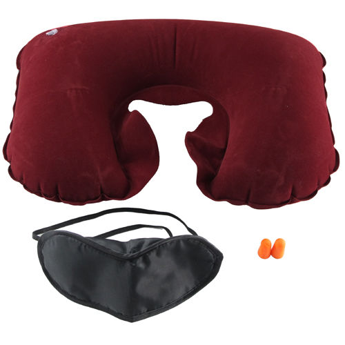旅遊三寶--厚PVC植絨充氣枕眼罩耳塞超值2組入(3522)