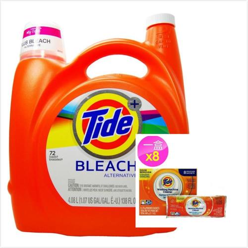 美國 Tide 濃縮洗衣膏-原味+漂白(138oz/4080ml)x1+洗衣槽洗潔劑(75gx8包)