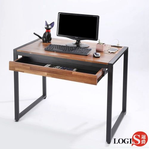 LOGIS  耐磨工業風桌面附插座工作桌辦公桌 電腦桌 餐桌(長98寬60x高77公分)【MK-98】