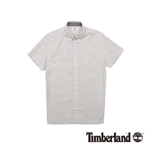 Timberland 男款淺灰褐色棉麻混紡修身短袖襯衫