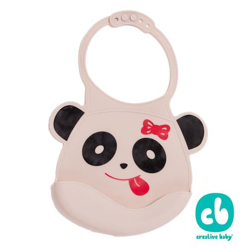【Creative Baby】可收納式攜帶防水無毒矽膠學習圍兜-可愛熊貓(Silicone Bids)