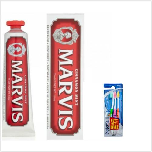 義大利Marvis肉桂薄荷牙膏(紅色) 75ml*3+進口Systema獅王細潔牙刷-軟毛(3入/袋)*3