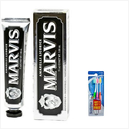 義大利Marvis 甘草薄荷牙膏(黑色)75ml*3+進口Systema獅王細潔牙刷-軟毛(3入/袋)*3
