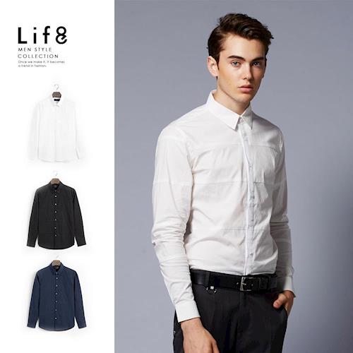 Life8-Formal 切線設計 長袖襯衫-藍色/白色/黑色【11122】