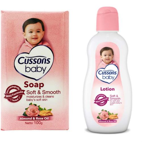 進口CUSSONS佳霜嬰兒--杏仁及玫瑰油香皂(100g)*12+乳液(200ml)*3
