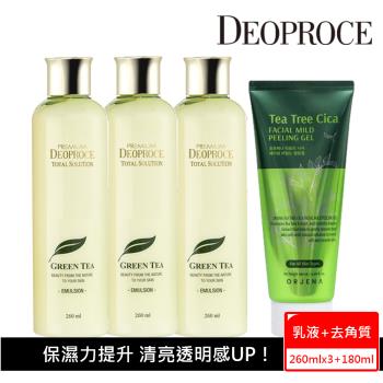 【韓國Deoproce】New加大容量 靚膚彈力保濕乳液 260ml x3入+(ORJENA老虎草舒敏水嫩修護去角質180ml)