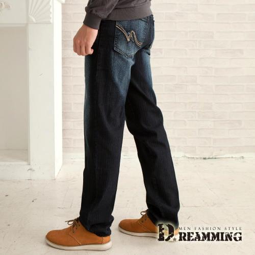 【Dreamming】MIT波點繡線刷色伸縮中直筒牛仔褲(深藍)