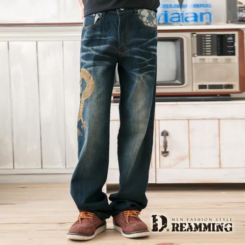 【Dreamming】Dragon日系膠印圖騰伸縮中直筒褲