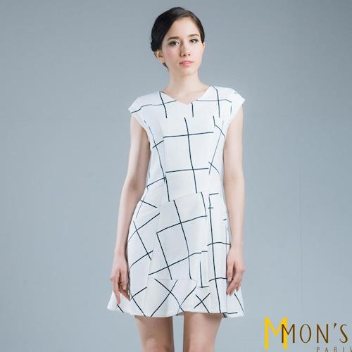 MONS幾何拼接白色格子洋裝/連身裙(CE5514)