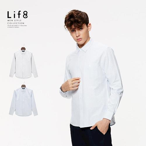 Life8-Casual 細紋織條 長袖襯衫-03890-白色/藍色