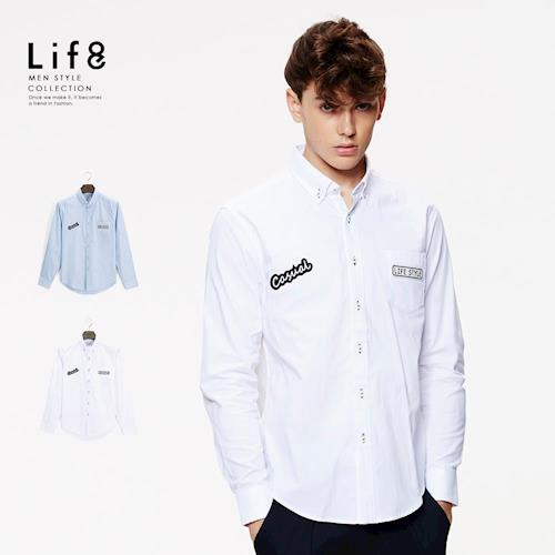 Life8-Casual 貼繡飾標 長袖襯衫-03883-白色/藍色