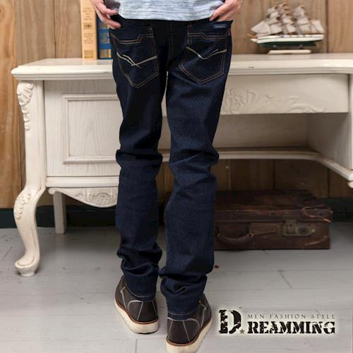 任-【Dreamming】簡約雙線原色伸縮小直筒牛仔褲(深藍)