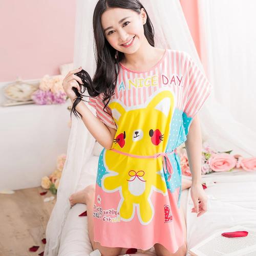 lingling日系 全尺碼-貓咪條紋點點牛奶絲綁結連身睡衣(甜蜜橘粉)A2405-02