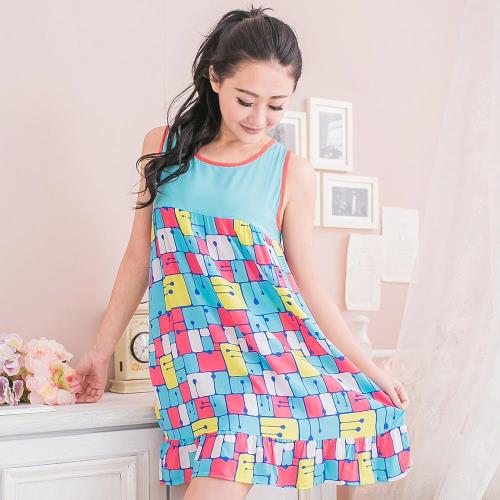 lingling日系 全尺碼-普普風特殊圖案涼爽背心連身式睡衣(繽紛藍)A2359-01