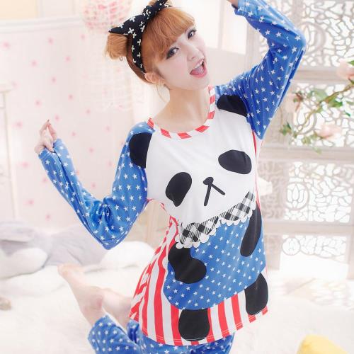 lingling日系 全尺碼-熊貓圓仔點點條紋牛奶絲二件式睡衣組(甜美藍)A1252-01