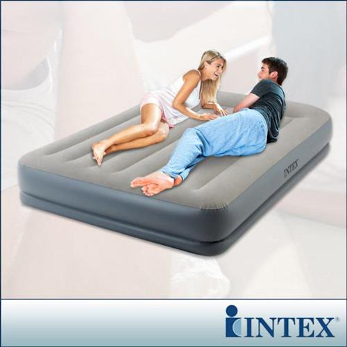 【INTEX】舒適雙層內建電動幫浦充氣床墊(fiber tech)-有頭枕-雙人加大-寬152cm(64117)