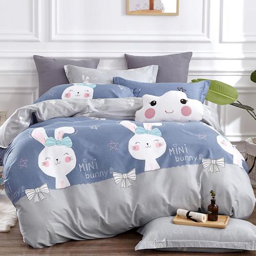 FOCA微笑兔-藍　雙人100%精梳棉四件式鋪棉兩用被床包組