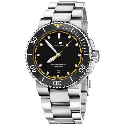 Oris豪利時 Aquis 時間之海300米潛水機械錶 黑x黃圈 43mm 0173376534127-0782601PEB