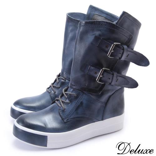 【Deluxe】全真皮帥氣質感擦色拉鍊厚底中筒靴長靴(藍)