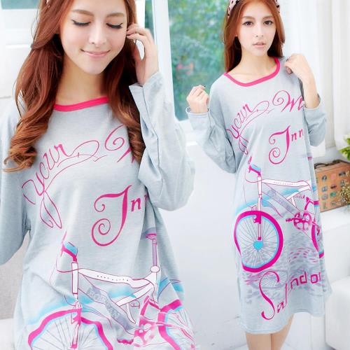 lingling日系 大尺碼-腳踏車圖案T恤居家連身長袖睡衣(繽紛桃)A1518