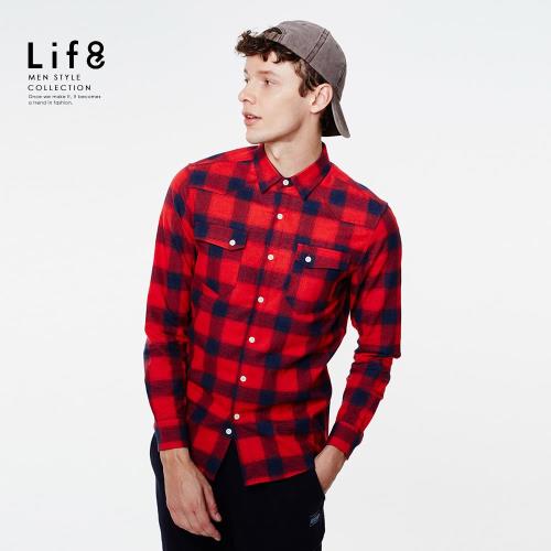 Life8-Casual 法蘭絨 格紋雙口袋 長袖襯衫 NO. 03885