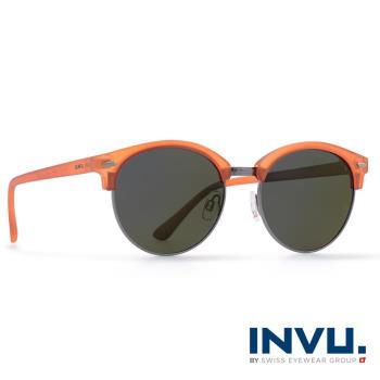 INVU瑞士 九層鍍膜經典上眉圓框水銀黃偏光太陽眼鏡 - (霧橘) T1805B