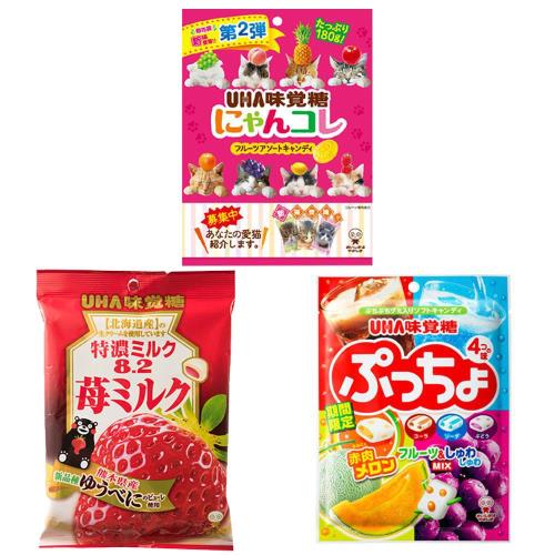 [UHA]日本味覺糖特濃牛奶糖(熊本草莓味)/貓咪包裝水果糖/綜合汽水水果軟糖(6包/組)