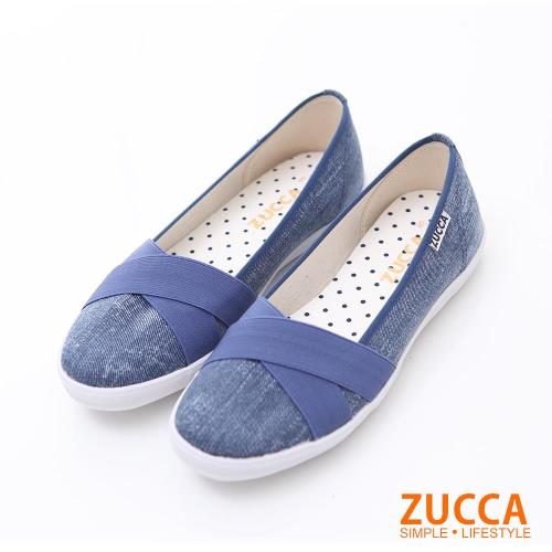 ZUCCA【z6212】素面拼接交錯皮革平底鞋-藍色/白色/黑色