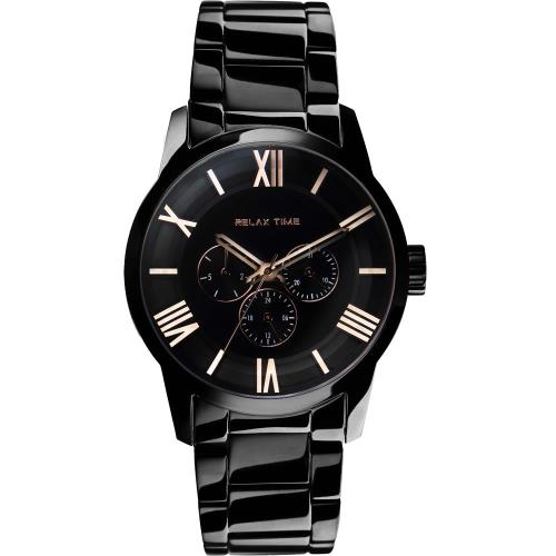 RELAX TIME RT65 羅馬情人日曆腕錶 玫瑰金時標x黑 45mm RT-65-2M