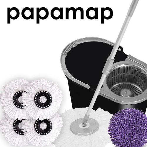 papamap 手壓式自動回彈洗脫雙功能旋轉拖把組(桿x1+桶x1+布盤x5贈除塵布)