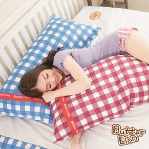 【奶油獅】格紋系列-台灣製造-100%精梳純棉可拆洗長型抱枕(含枕心)100CM(紅)
