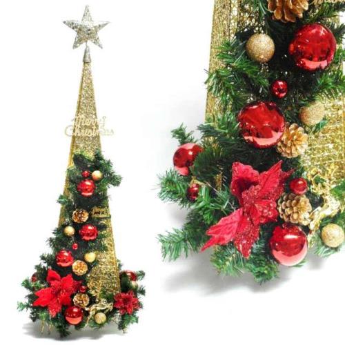 摩達客 90CM紅金色系聖誕裝飾星星四角樹塔 聖誕樹（不含燈）
