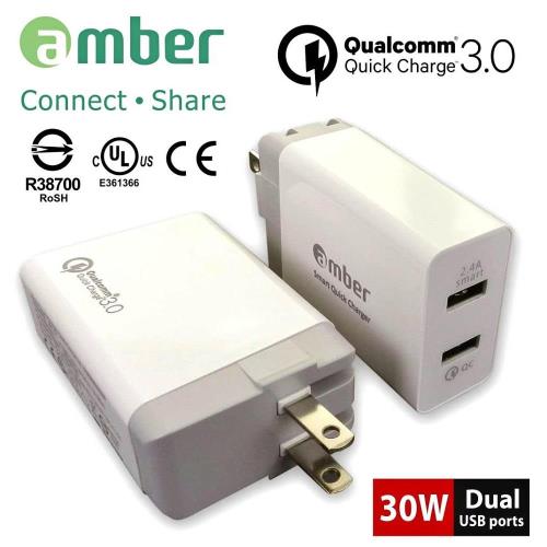 amber 智慧極速USB充電器雙口輸出/30W足瓦高通Qualcomm Quick Charge 3.0認證_Smart Quick Charger
