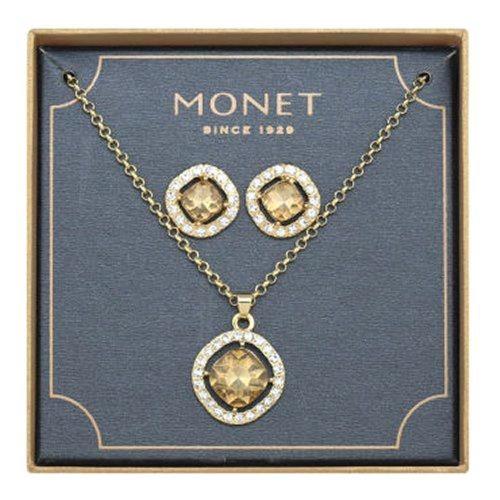 【Love 21】Monet2018媚力香檳白色水晶耳環項鍊套組(預購)
