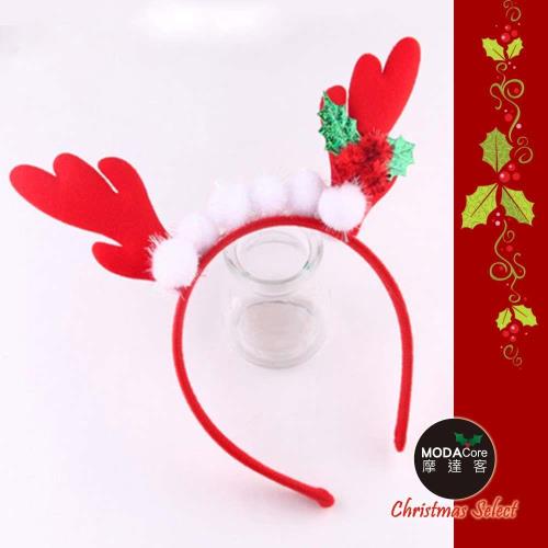 摩達客耶誕派對-小白毛球紅鹿角聖誕髮箍