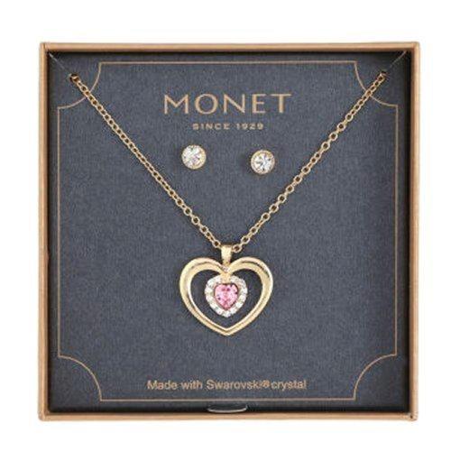 【Love 21】Monet2018媚力香檳色耳環心形粉晶項鍊套組(預購)