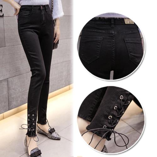 KW牛仔 S~2XL 韓版綁帶修身素面牛仔褲