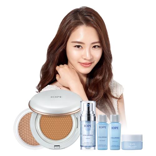 IOPE艾諾碧 完美遮蓋瑕疵隱形底妝組(水潤光透氣墊粉底極致遮瑕系列N21+超導水感玻尿酸潤澤旅行4件組)