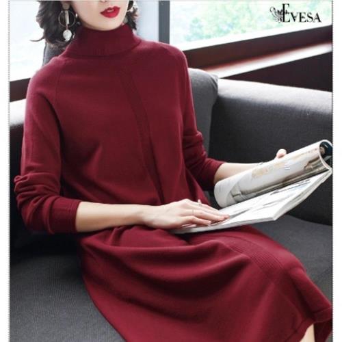 伊凡莎名媛時尚-氣質高領寬鬆針織洋裝9218SE