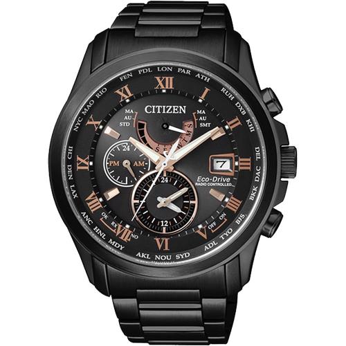 CITIZEN 光動能電波萬年曆腕錶-黑x玫瑰金時標 43mm AT9085-53E
