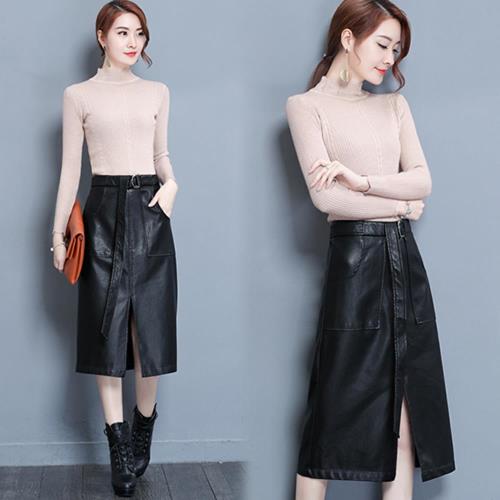 韓國K.W. M~4XL高領上衣+開岔裙兩件式素面套裝