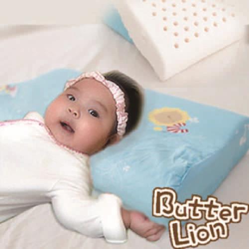 【奶油獅】馬來西亞進口純天然乳膠嬰兒仰睡側睡專用工學枕(附100%純棉布)-粉藍