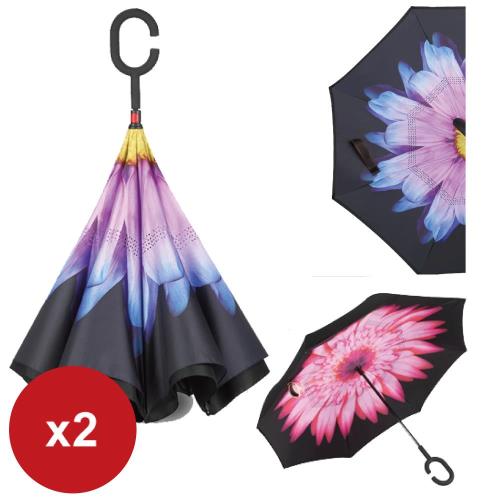  超值2入  花紋抗UV防風免持C型手柄晴雨傘/反向傘－兩色任選
