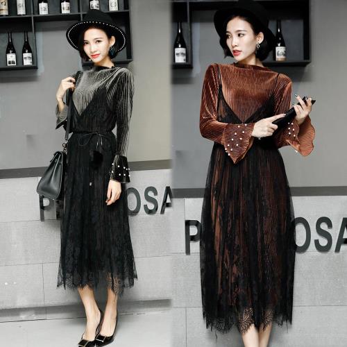 KW韓國. M~XL現貨完美輕奢華二件式二穿蕾絲絲絨洋裝