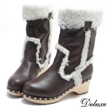 【Deluxe】美式帥氣鉚釘綿羊毛牛皮厚底中筒靴(咖)-1116-100-網