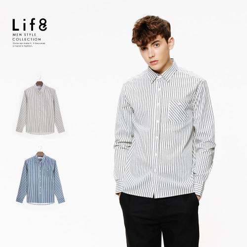 任-Life8-Casual 基本條紋 長袖襯衫-03884-白色/藍色