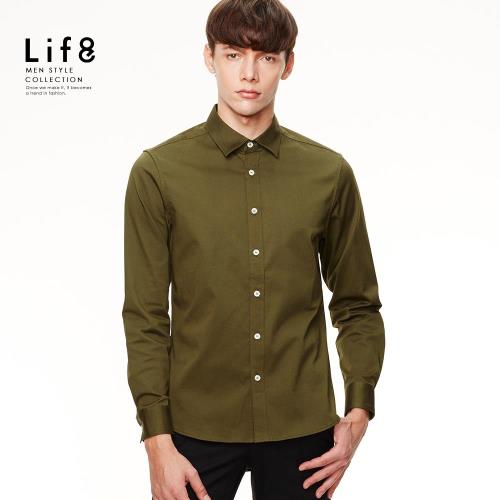 任-Life8-Formal 彈性舒適 簡約刺繡 長袖襯衫-卡其色/墨綠色/白色/藍色/黑色-11139