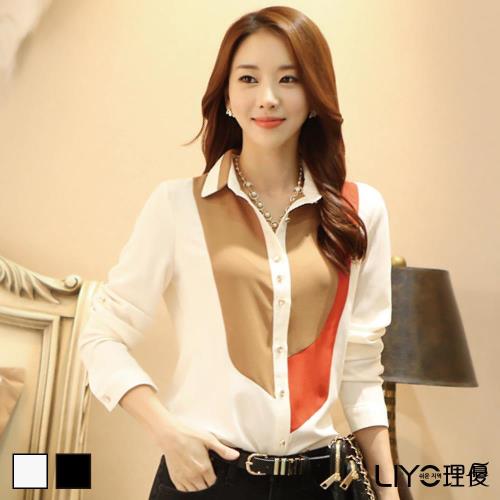 任-LIYO理優襯衫韓國雪紡拼接撞色OL顯瘦女長袖高檔襯衫E735004