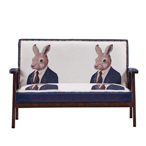 【AT HOME】時尚設計鉚釘兔子先生木扶手雙人沙發(112*63*75cm)